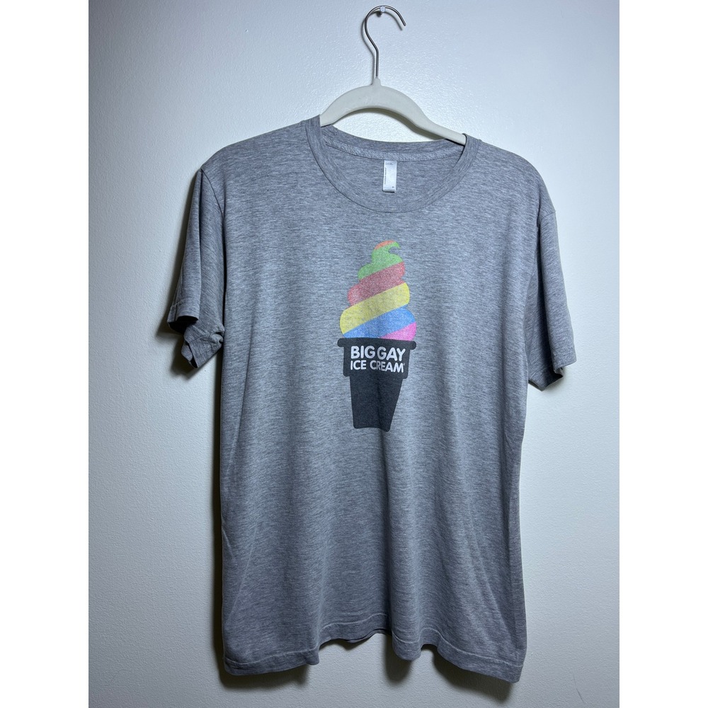 American Apparel Big Gay Ice Cream Rainbow Swirl T-Shirt Gray Mens USA